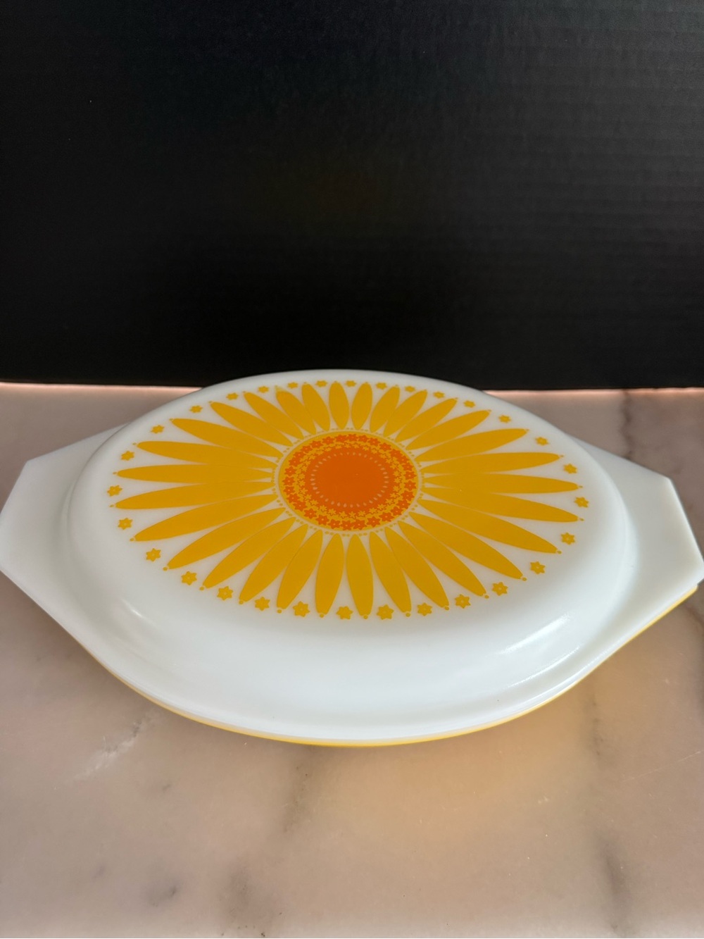 Vintage Pyrex Sunflower Design Divided Casserole with cover; 1.5 Quart